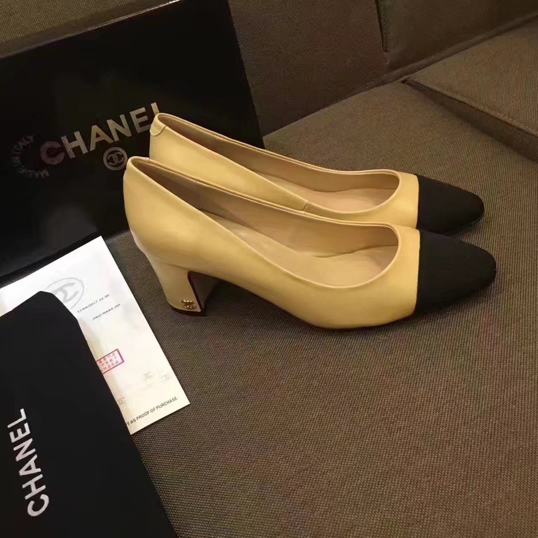 Chanel Pump Leather CH2146 Apricot&Black Chanel Pump Leather CH2146 Apricot&Black