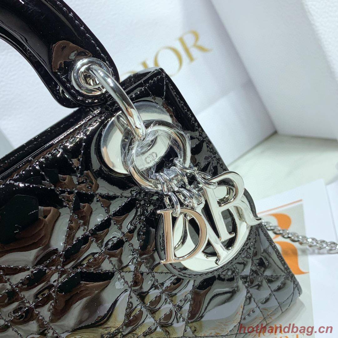 MINI LADY DIOR BAG Black Patent Cannage Calfskin M0566OW Silver Hardware MINI LADY DIOR BAG Black Patent Cannage Calfskin M0566OW Silver Hardware