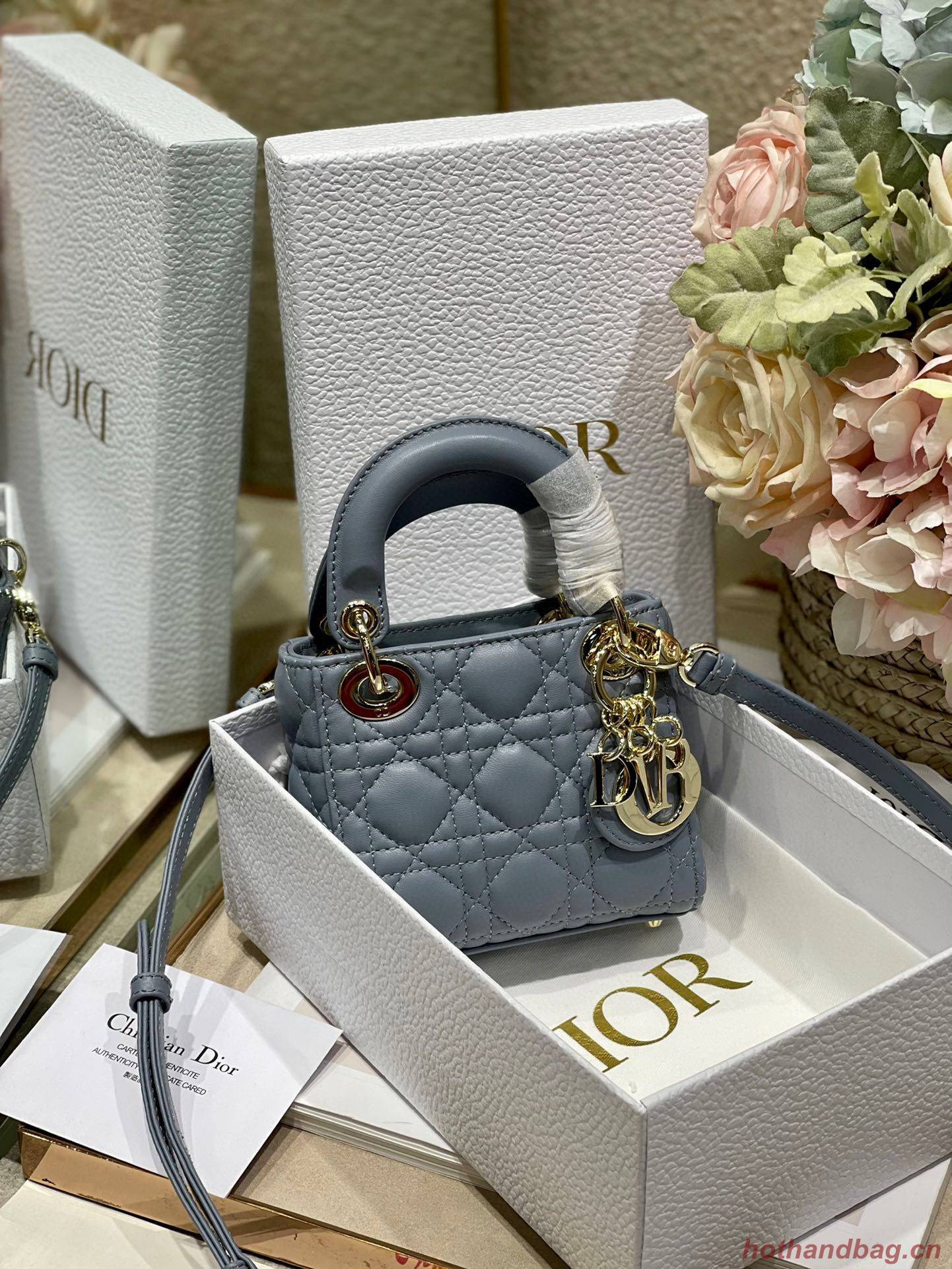 MICRO DIORAMOUR LADY DIOR BAG S08568 Gray & Gold-Tone Metal MICRO DIORAMOUR LADY DIOR BAG S08568 Gray & Gold-Tone Metal