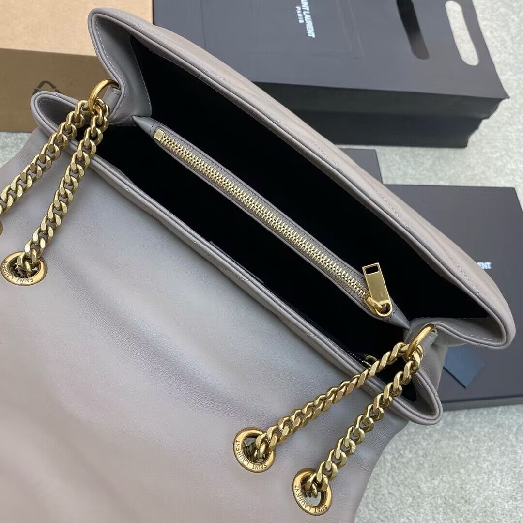 SAINT LAURENT Loulou Monogram Large quilted leather shoulder bag 392288 Light Gray Gold-Tone SAINT LAURENT Loulou Monogram Large quilted leather shoulder bag 392288 Light Gray Gold-Tone