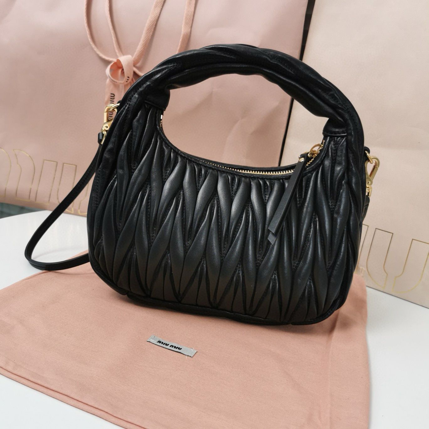Miu Miu Wander Matelasse Original Sheepskin Bag 5BC125 Black Miu Miu Wander Matelasse Original Sheepskin Bag 5BC125 Black