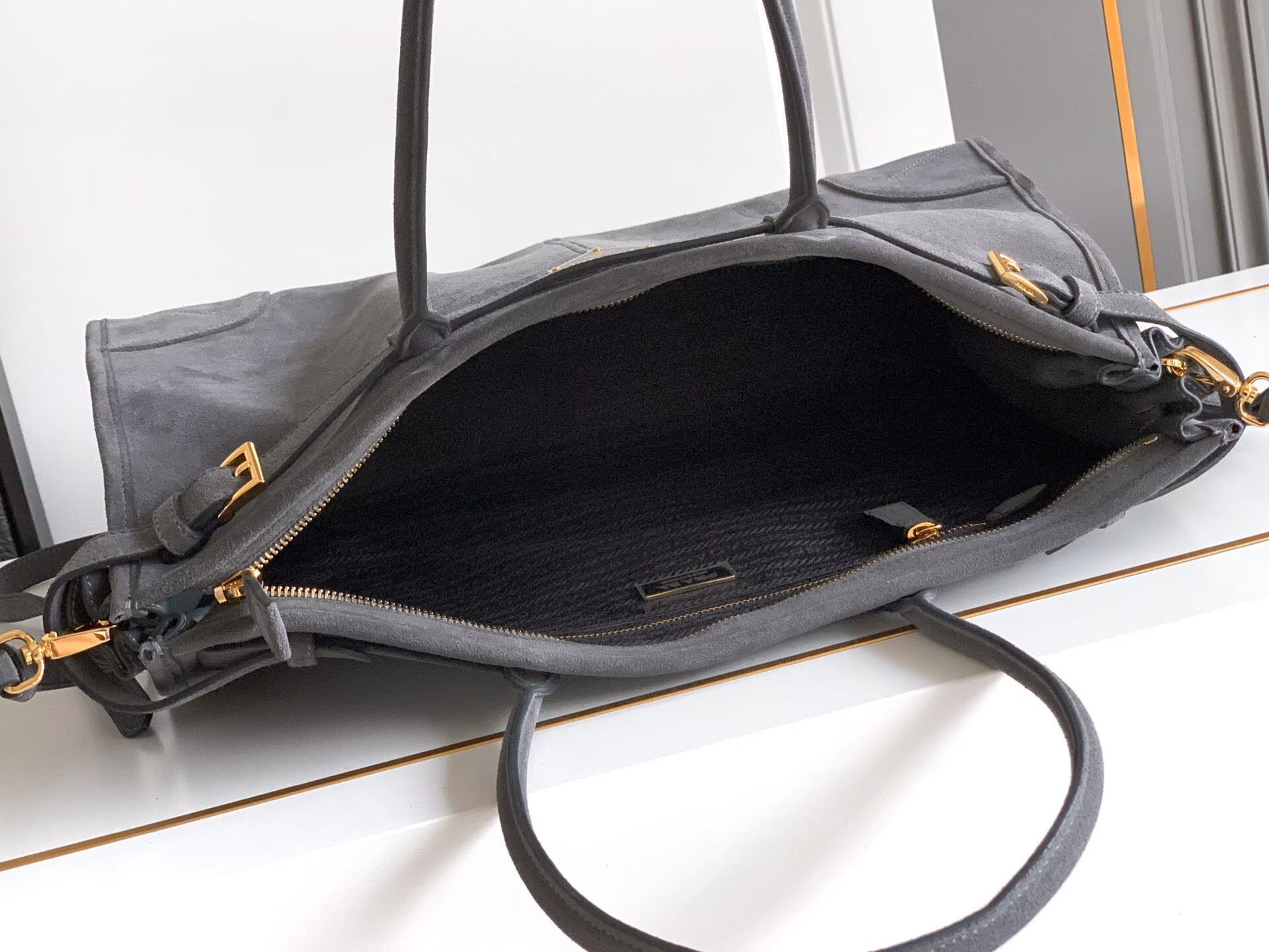 Prada Large Bonnie Suede Tote Bag 1BA439 Gray Prada Large Bonnie Suede Tote Bag 1BA439 Gray